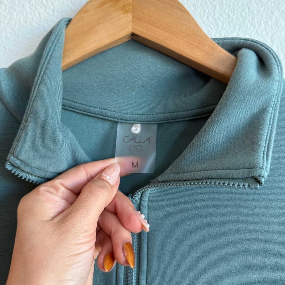 Calia Teal Green Quarter Zip Funnel Neck Scuba Pullover Sweater Size Medium - Picture 4 of 8